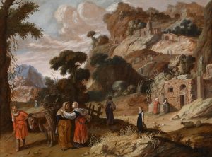 A hillside road with travellers, sheep and a town above; Naomi and Ruth speaking beside a donkey while Orpah walks away