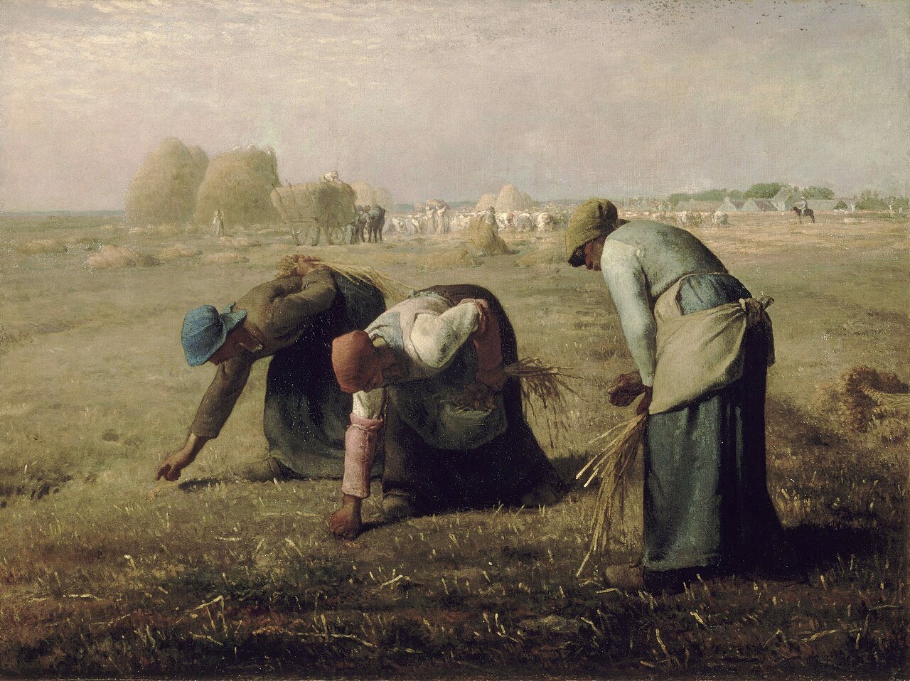 Three peasant women bent over in a harvested field gathering leftover stalks of wheat, with haystacks and a harvest cart in the distance