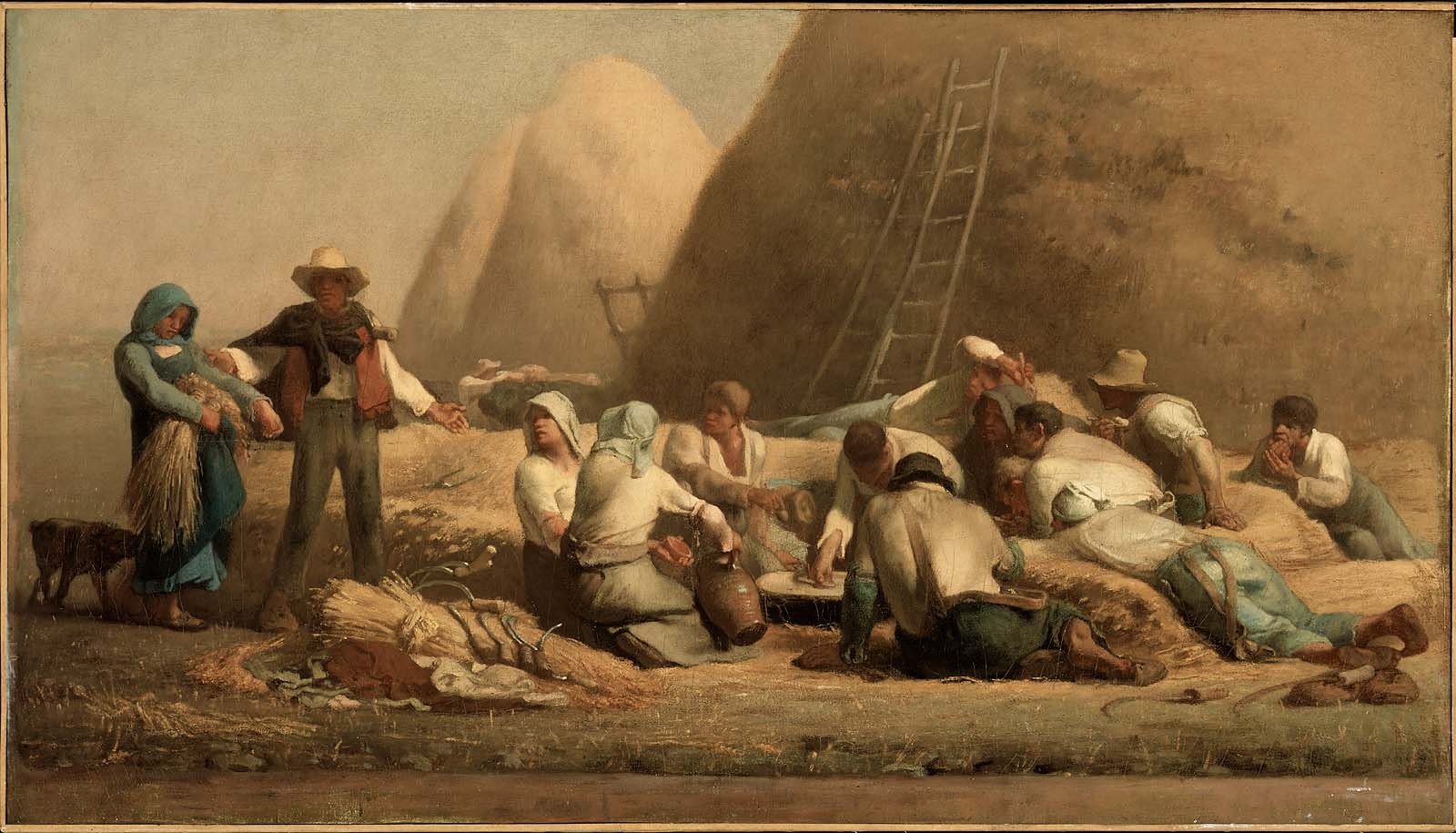 Harvesters resting beside tall haystacks at their midday meal while Boaz brings Ruth, carrying a sheaf, over to join them