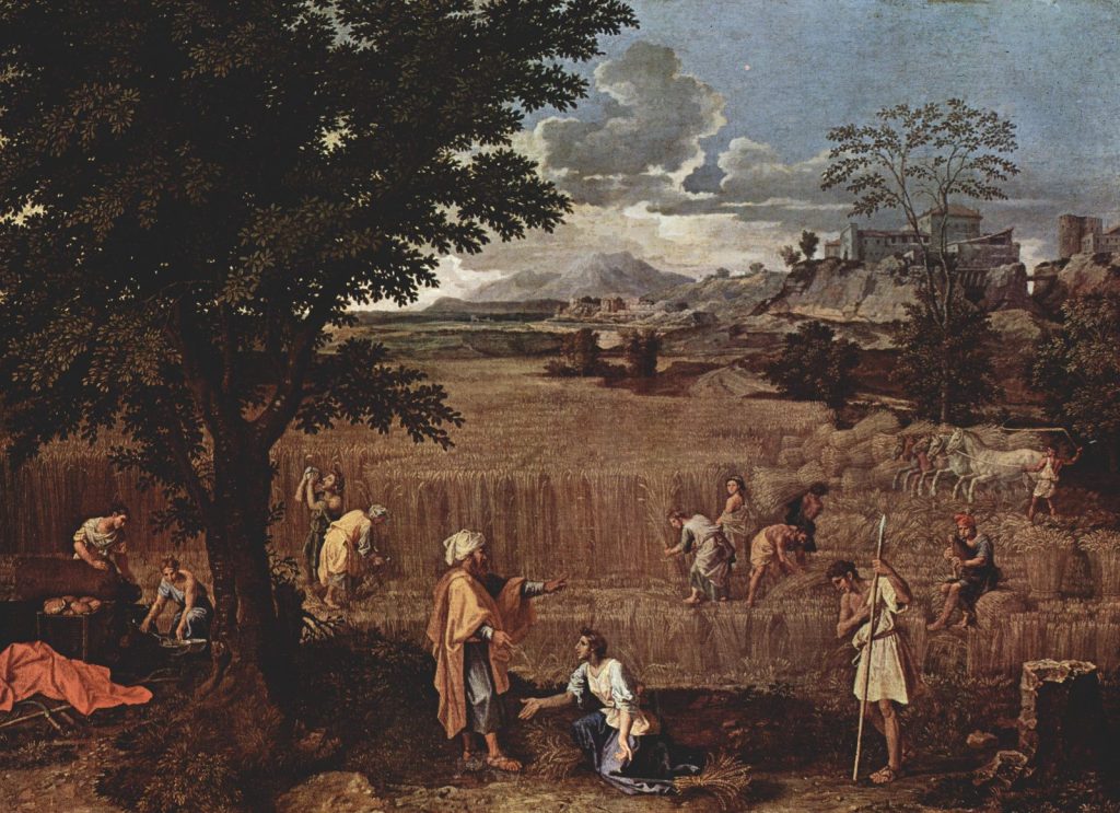 A wide harvest landscape: reapers cutting wheat under a great tree while Ruth kneels before Boaz, with a hilltop town in the distance