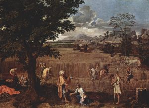 A wide harvest landscape: reapers cutting wheat under a great tree while Ruth kneels before Boaz, with a hilltop town in the distance