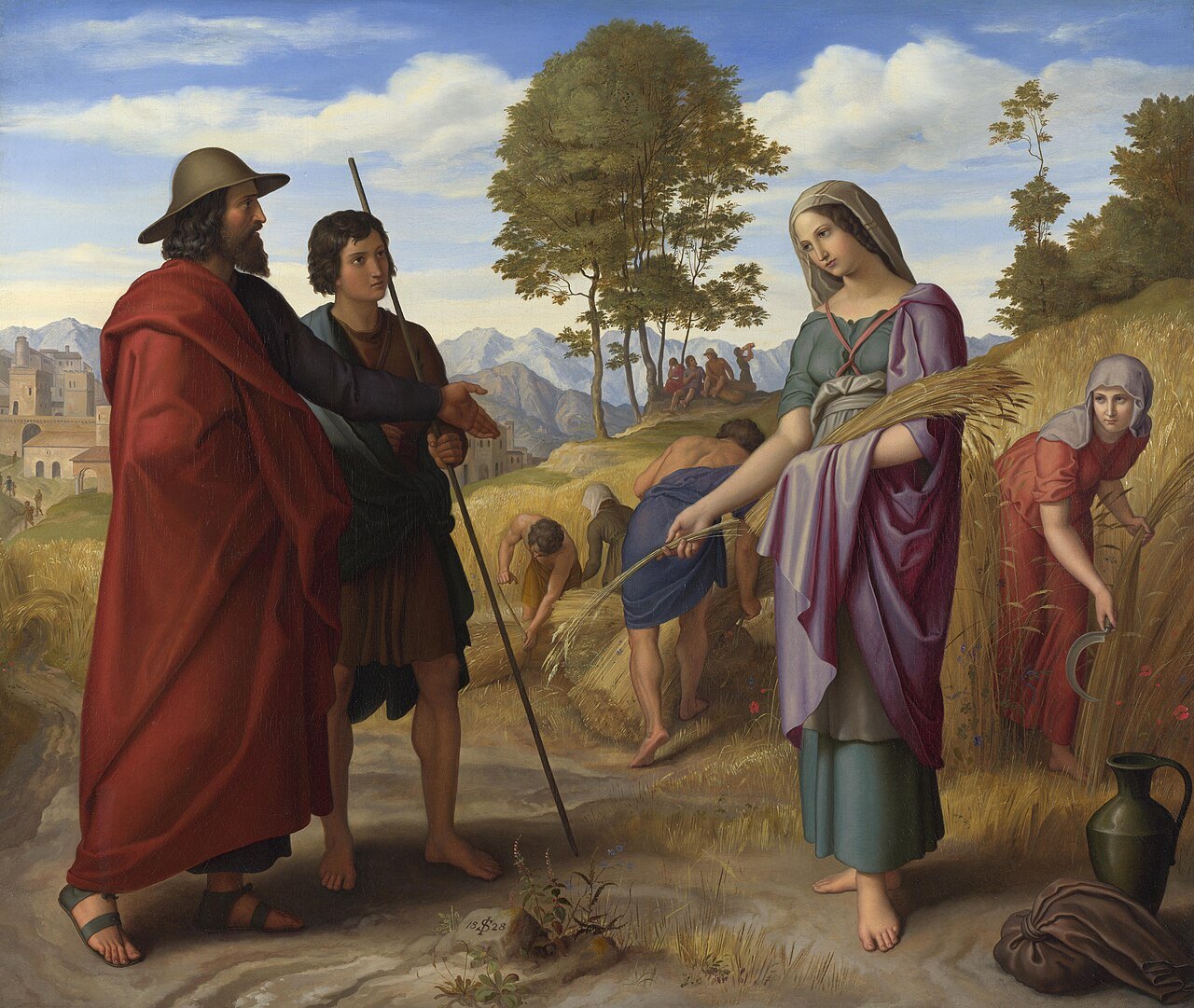 Boaz in a red cloak with his foreman, looking across a barley field toward Ruth, who stands holding her gleanings while women reap behind her